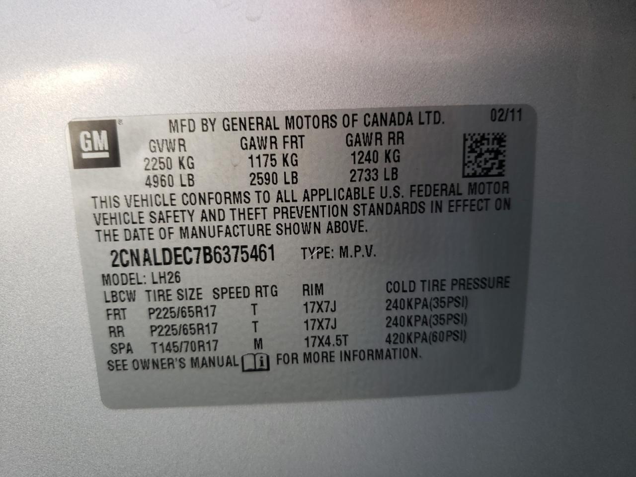 Photo 10 from auction – 2011 CHEVROLET EQUINOX LT with VIN 2CNALDEC7B6375461
