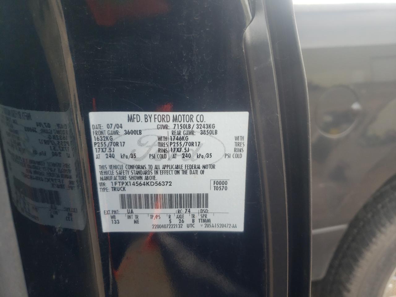 صورة رقم 10 من المزاد - 2004 FORD F150 مع VIN 1FTPX14564KD56372
