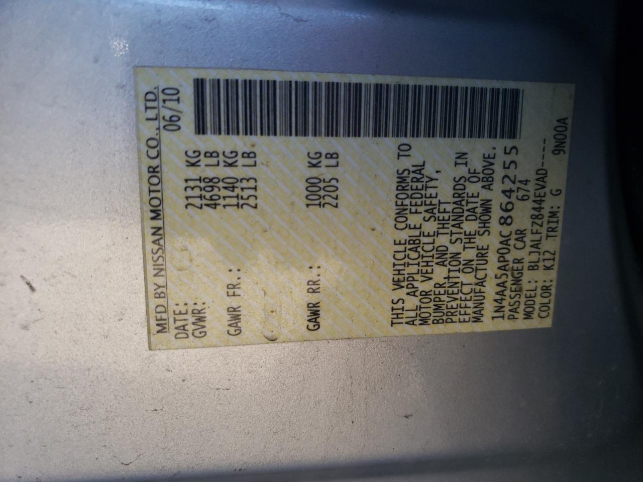 Photo 10 from auction – 2010 NISSAN MAXIMA S with VIN 1N4AA5AP0AC864255