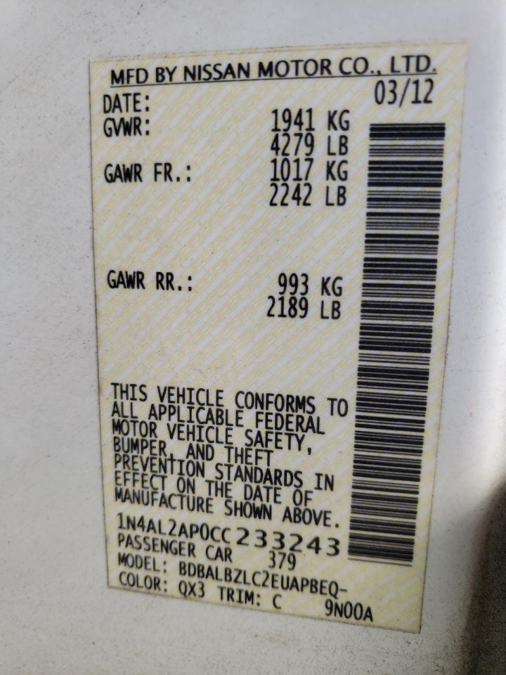 Photo 10 from auction – 2012 NISSAN ALTIMA with VIN 1N4AL2AP0CC233243