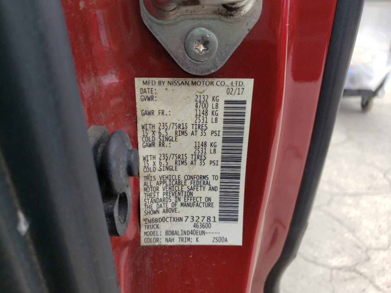 Photo 10 from auction – 2017 NISSAN FRONTIER S with VIN 1N6BD0CTXHN732781