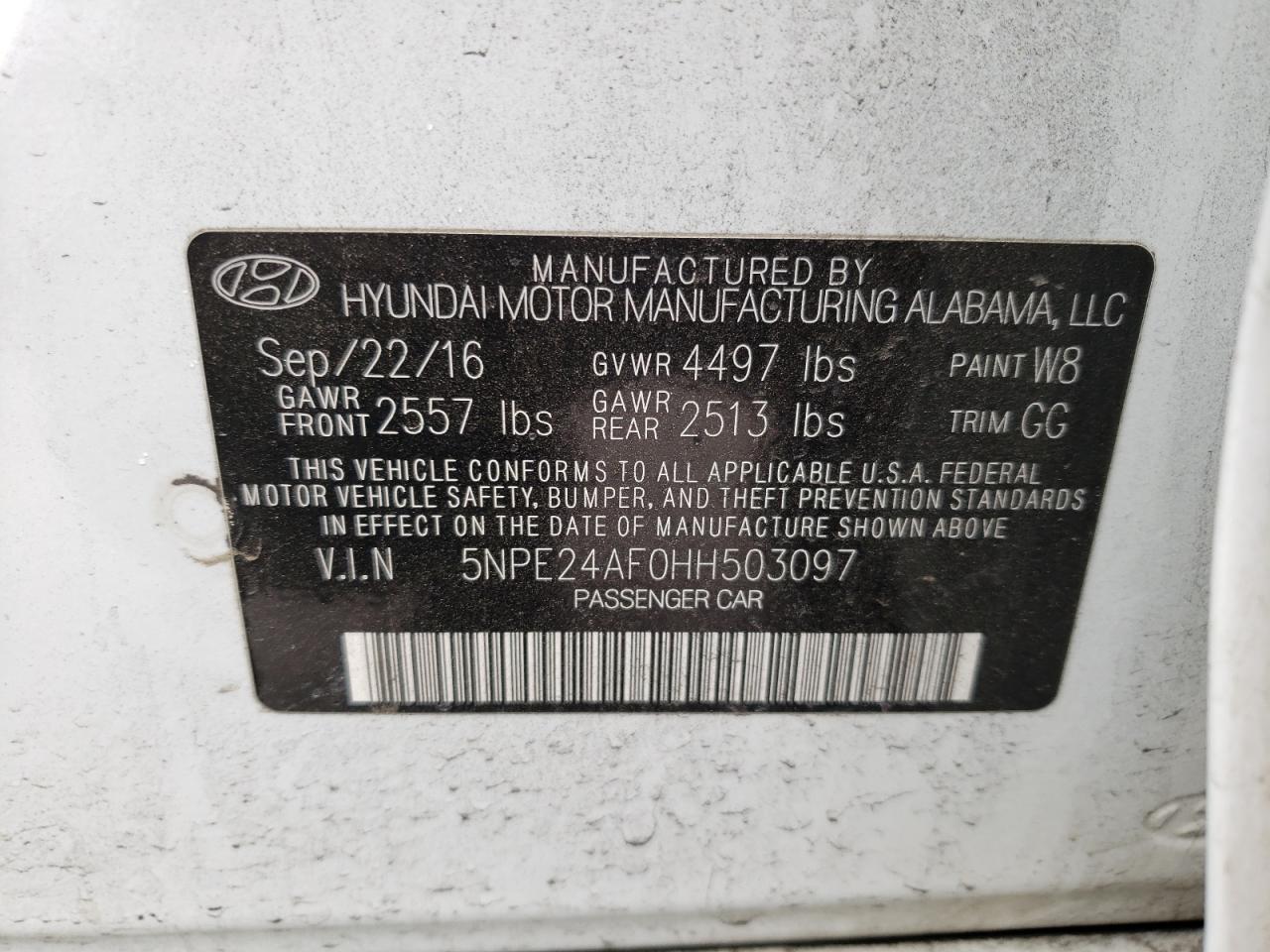 Photo 10 from auction – 2017 HYUNDAI SONATA SE with VIN 5NPE24AF0HH503097