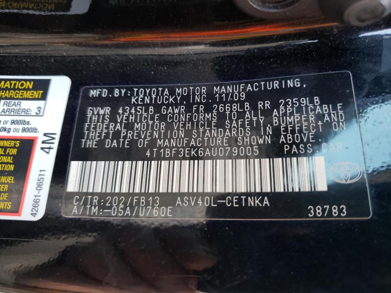 Photo 10 from auction – 2010 TOYOTA CAMRY BASE with VIN 4T1BF3EK6AU079005