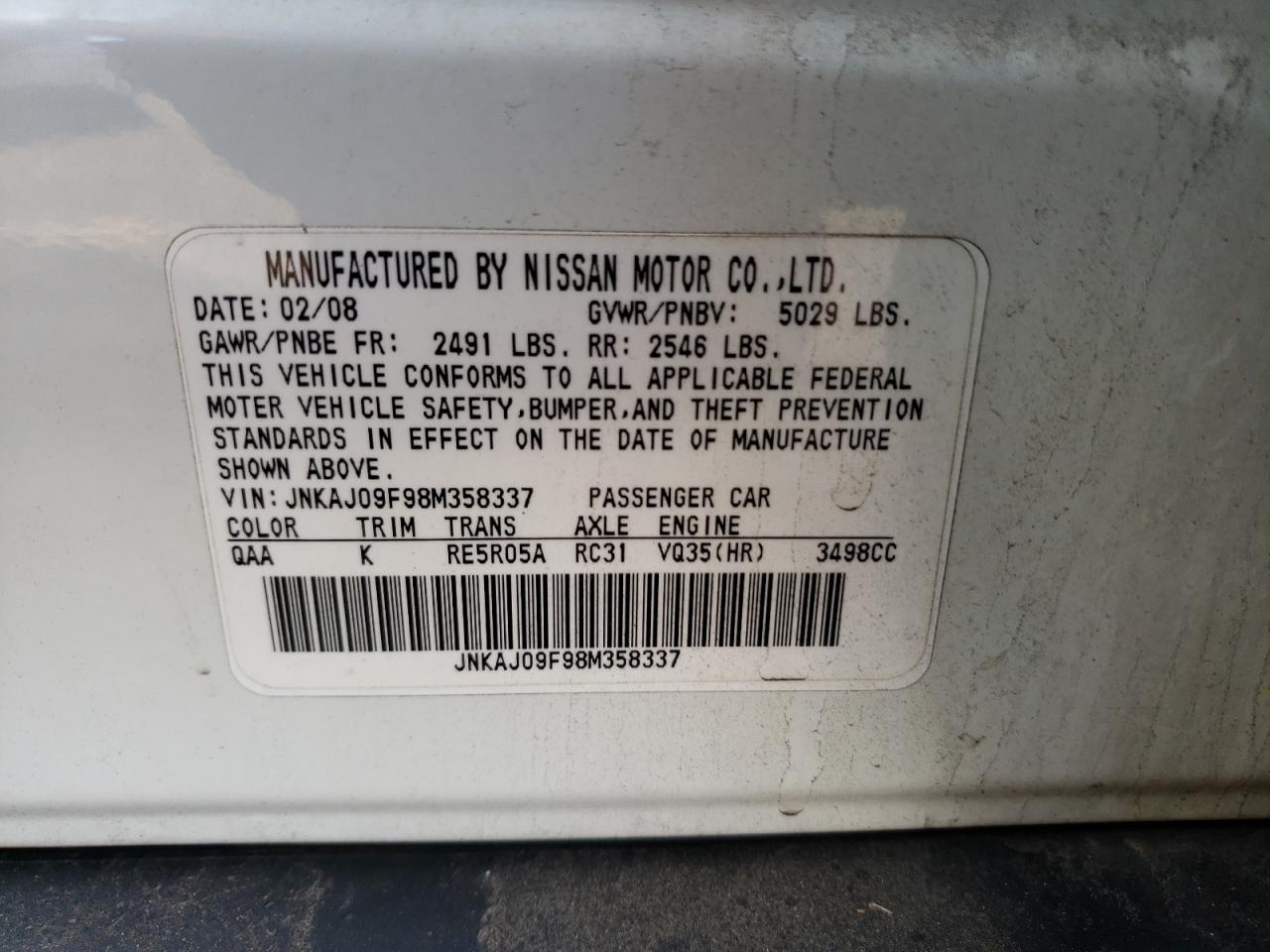 Photo 10 from auction – 2008 INFINITI EX35 BASE with VIN JNKAJ09F98M358337
