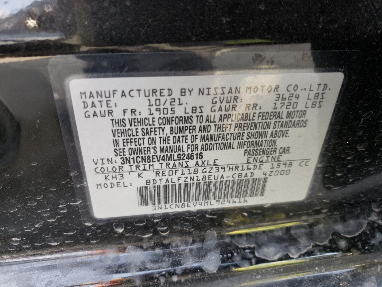 Photo 10 from auction – 2021 NISSAN VERSA SV with VIN 3N1CN8EV4ML924616