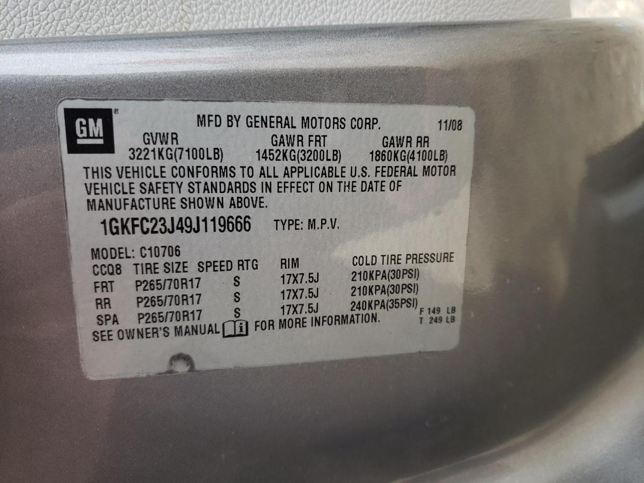 Photo 10 from auction – 2009 GMC YUKON SLE with VIN 1GKFC23J49J119666