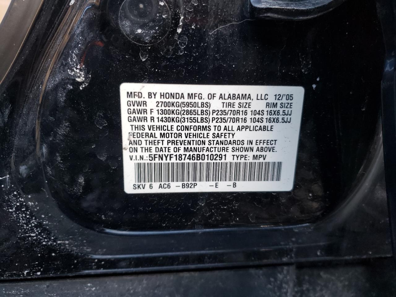 Photo 10 from auction – 2006 HONDA PILOT EX with VIN 5FNYF18746B010291