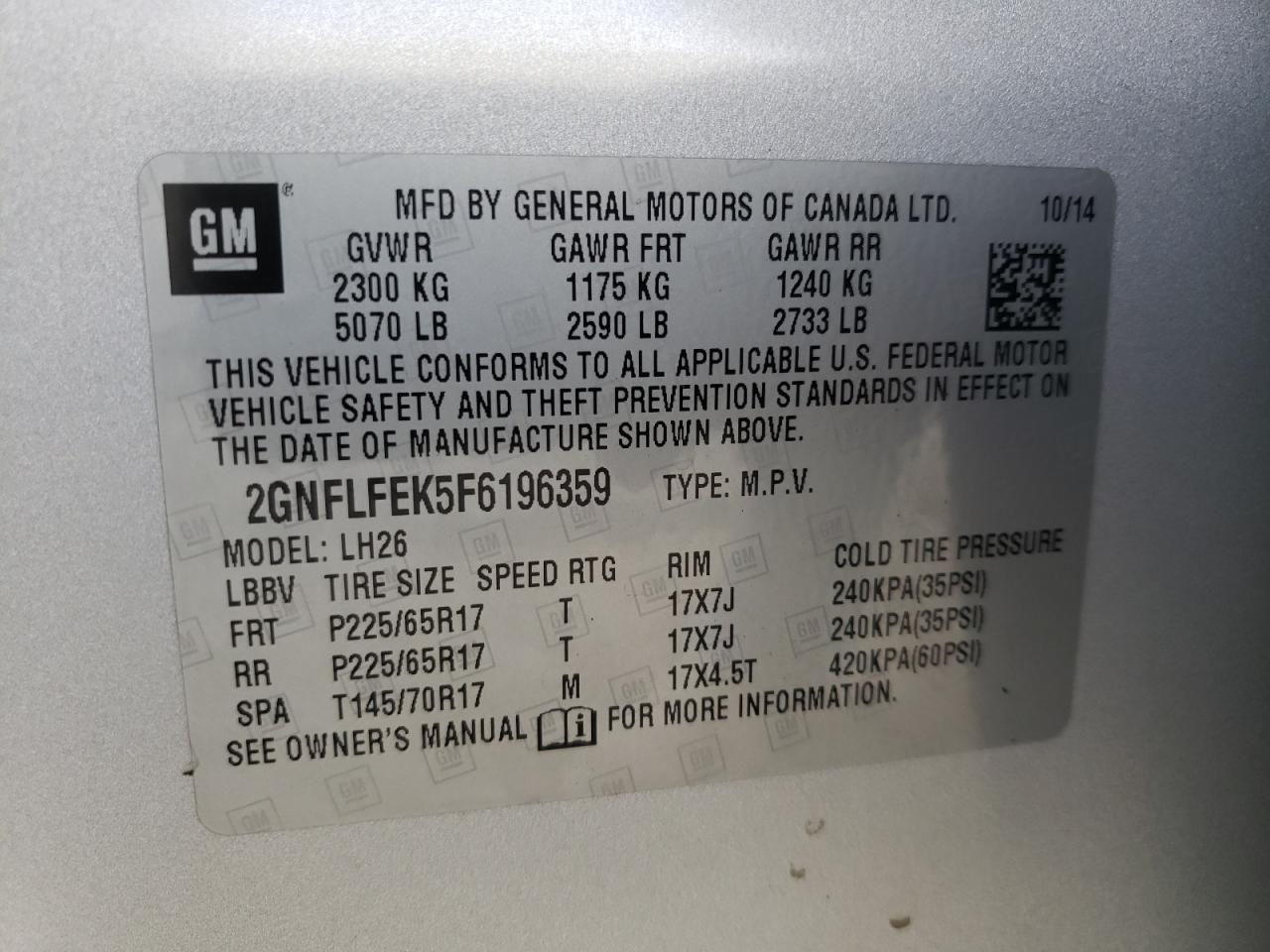 Photo 10 from auction – 2015 CHEVROLET EQUINOX LT with VIN 2GNFLFEK5F6196359