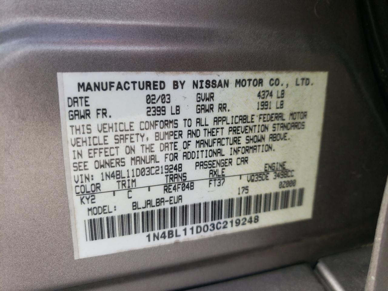 Photo 10 from auction – 2003 NISSAN ALTIMA SE with VIN 1N4BL11D03C219248