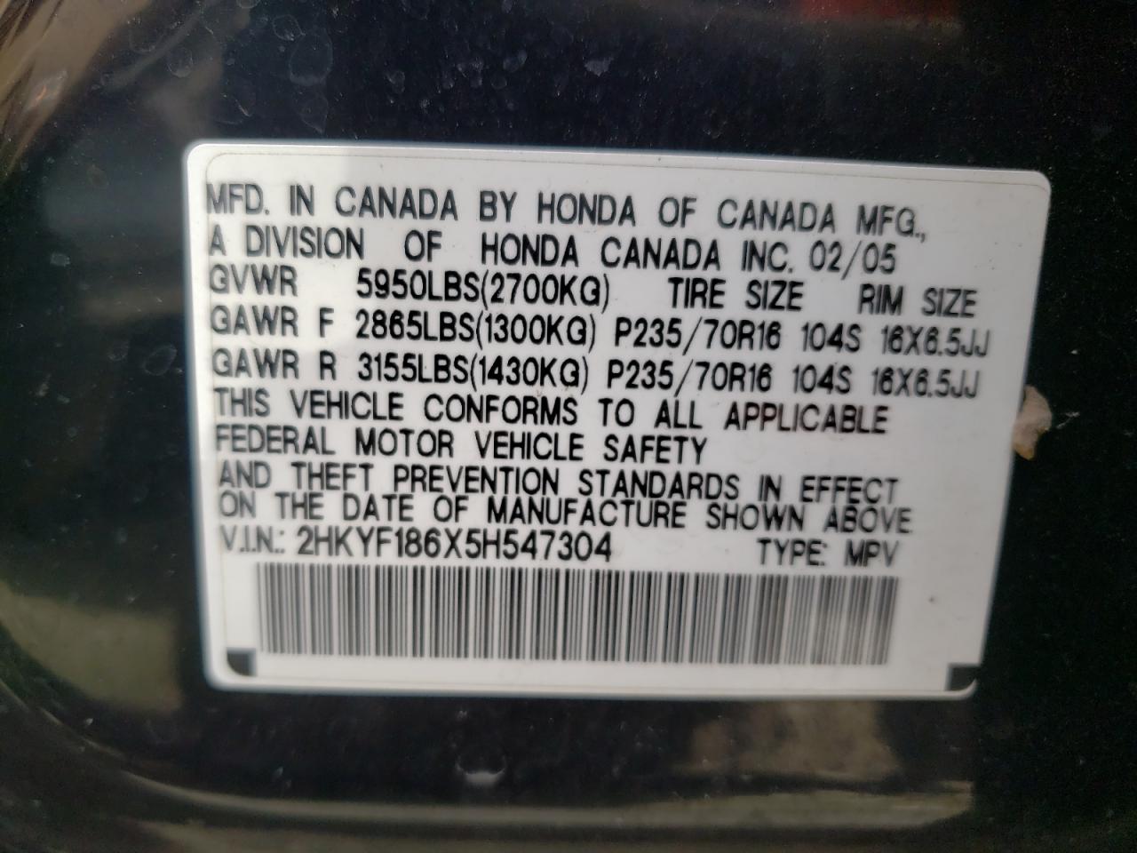 Photo 10 from auction – 2005 HONDA PILOT EXL with VIN 2HKYF186X5H547304