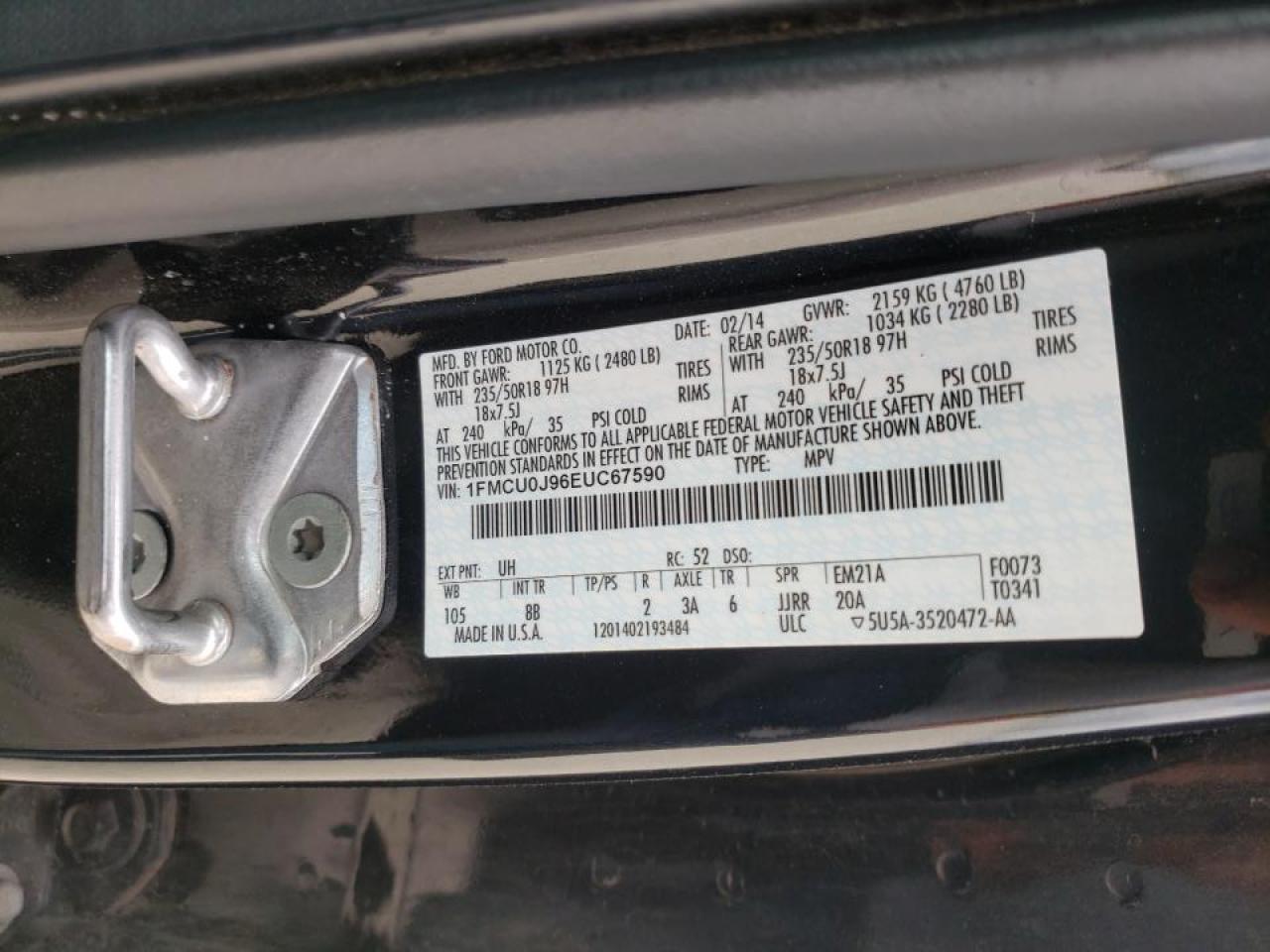 Photo 10 from auction – 2014 FORD ESCAPE TIT with VIN 1FMCU0J96EUC67590