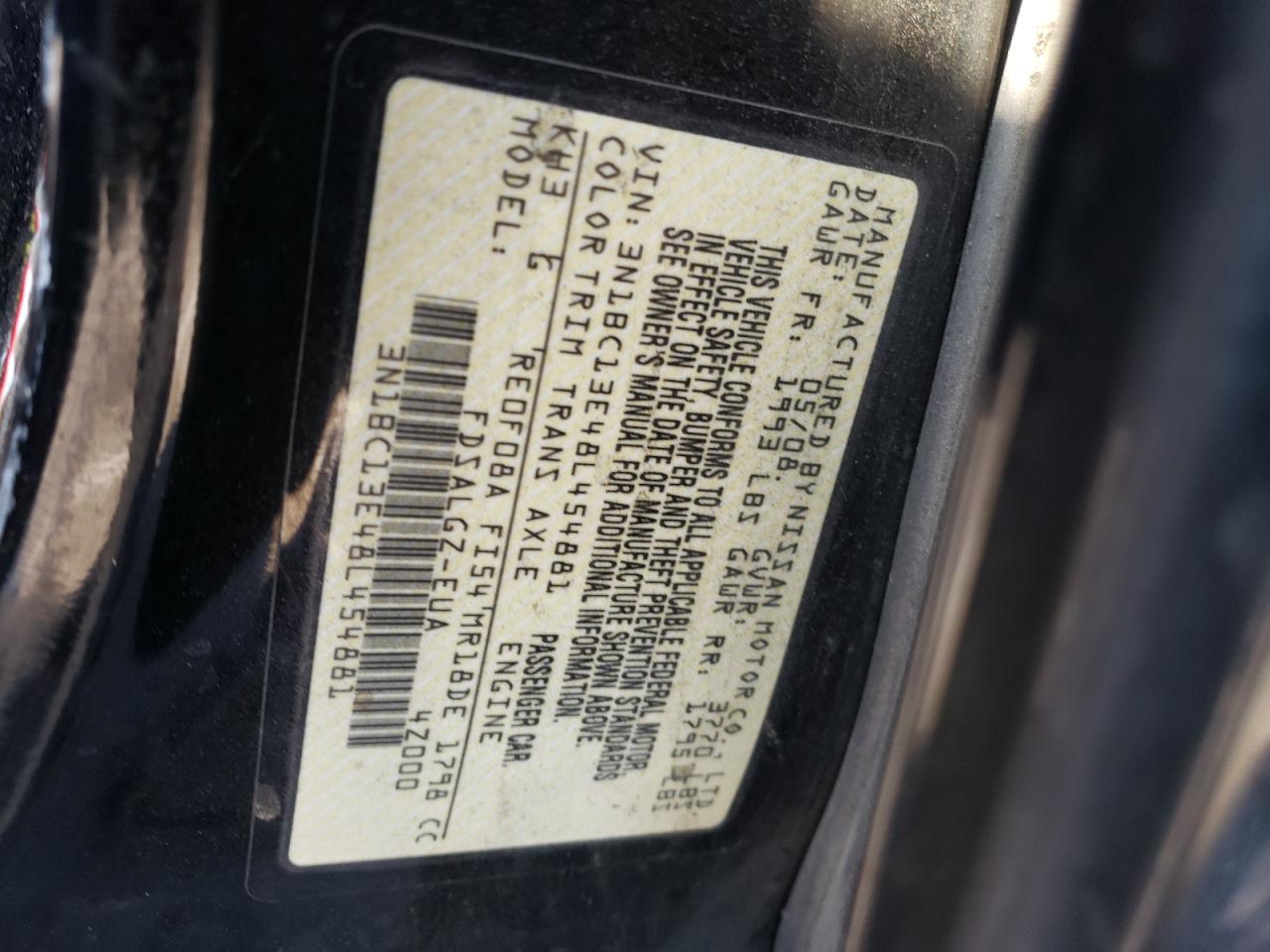 Photo 10 from auction – 2008 NISSAN VERSA S with VIN 3N1BC13E48L454881