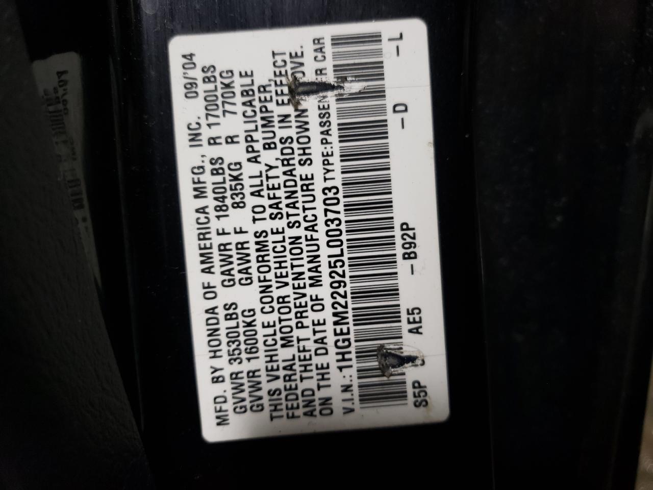 Photo 10 from auction – 2005 HONDA CIVIC EX with VIN 1HGEM22925L003703