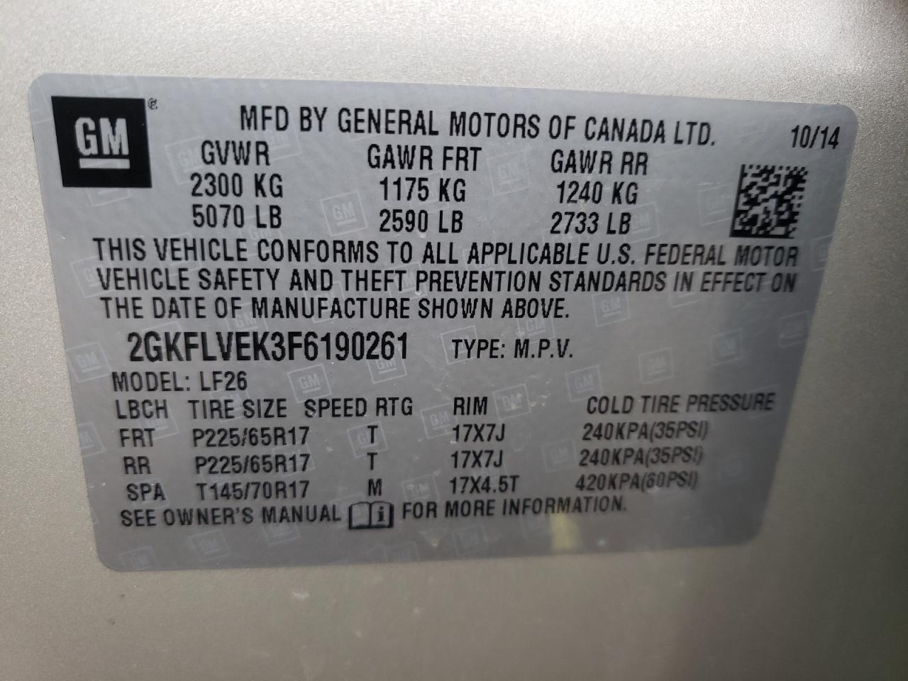Photo 10 from auction – 2015 GMC TERRAIN SL with VIN 2GKFLVEK3F6190261