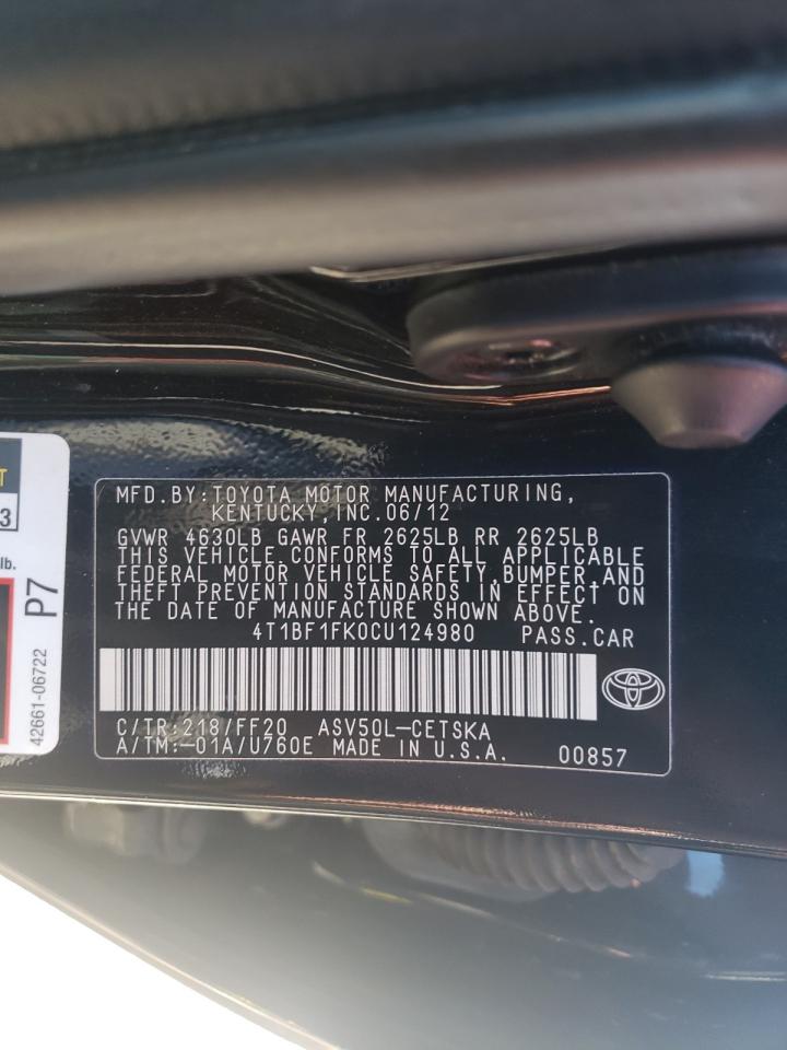 Photo 10 from auction – 2012 TOYOTA CAMRY BASE with VIN 4T1BF1FK0CU124980