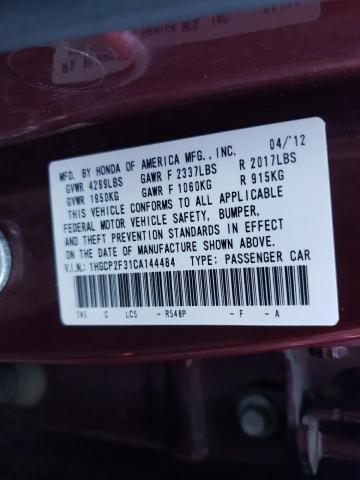 Photo 10 from auction – 2012 HONDA ACCORD LX with VIN 1HGCP2F31CA144484