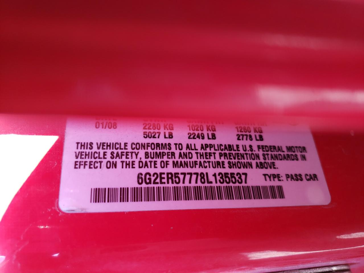 Photo 10 from auction – 2008 PONTIAC G8 with VIN 6G2ER57778L135537