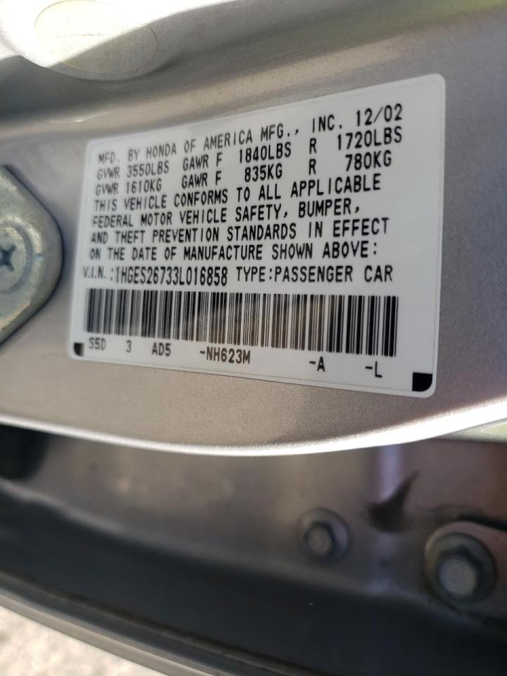 Photo 10 from auction – 2003 HONDA CIVIC EX with VIN 1HGES26733L016858
