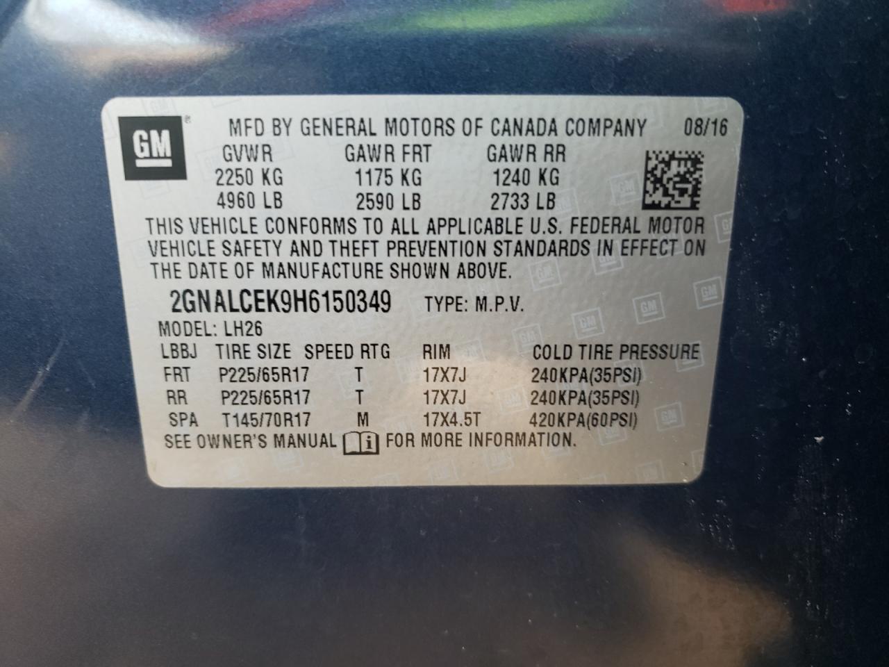 Photo 10 from auction – 2017 CHEVROLET EQUINOX LT with VIN 2GNALCEK9H6150349