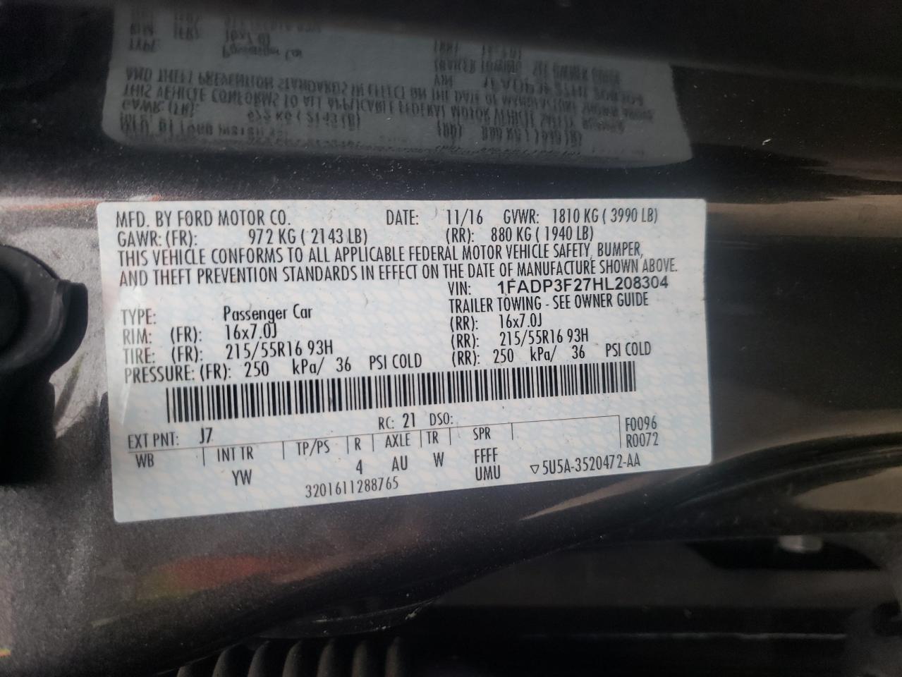 Photo 10 from auction – 2017 FORD FOCUS SE with VIN 1FADP3F27HL208304