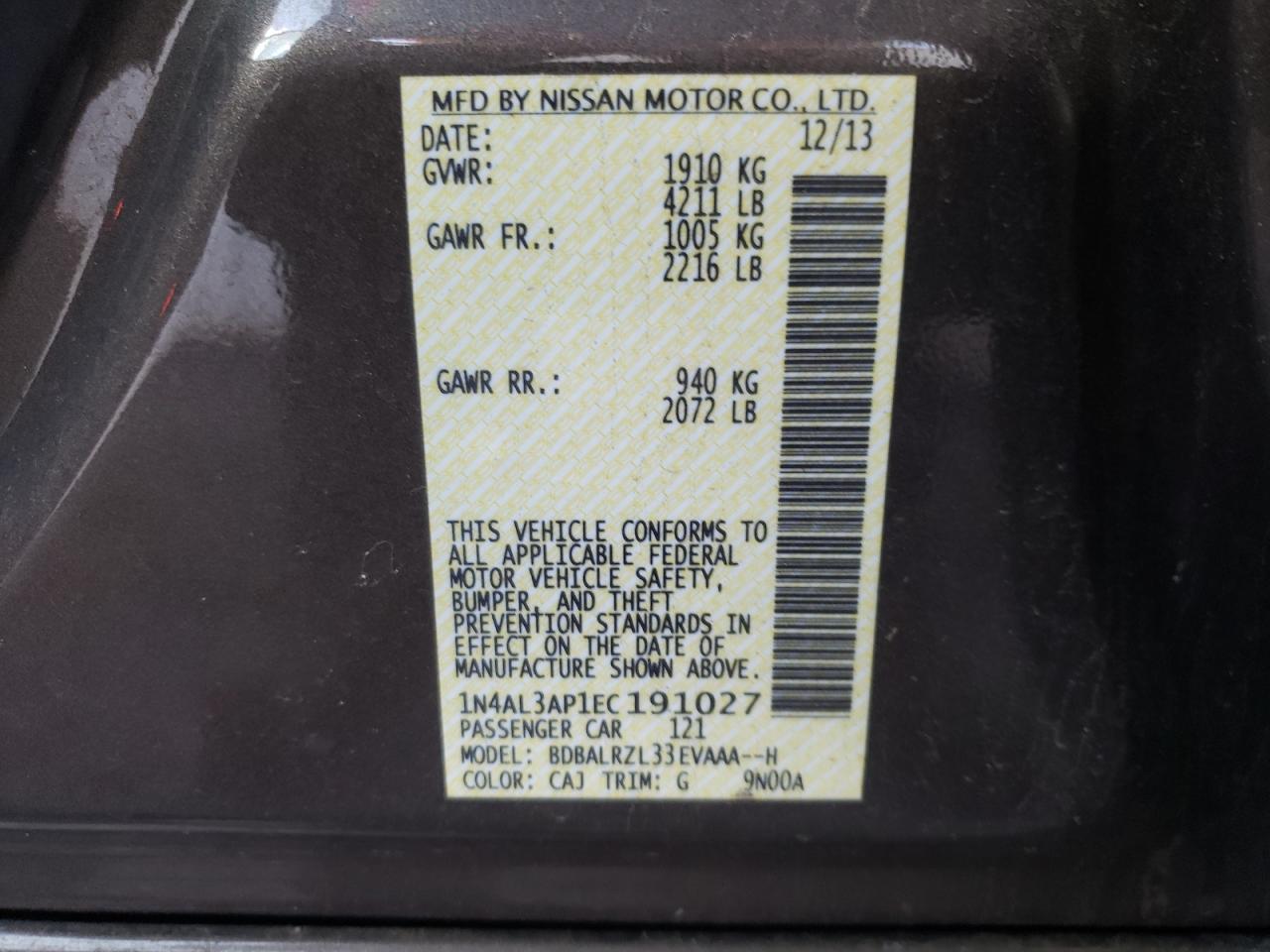 Photo 10 from auction – 2014 NISSAN ALTIMA 2.5 with VIN 1N4AL3AP1EC191027