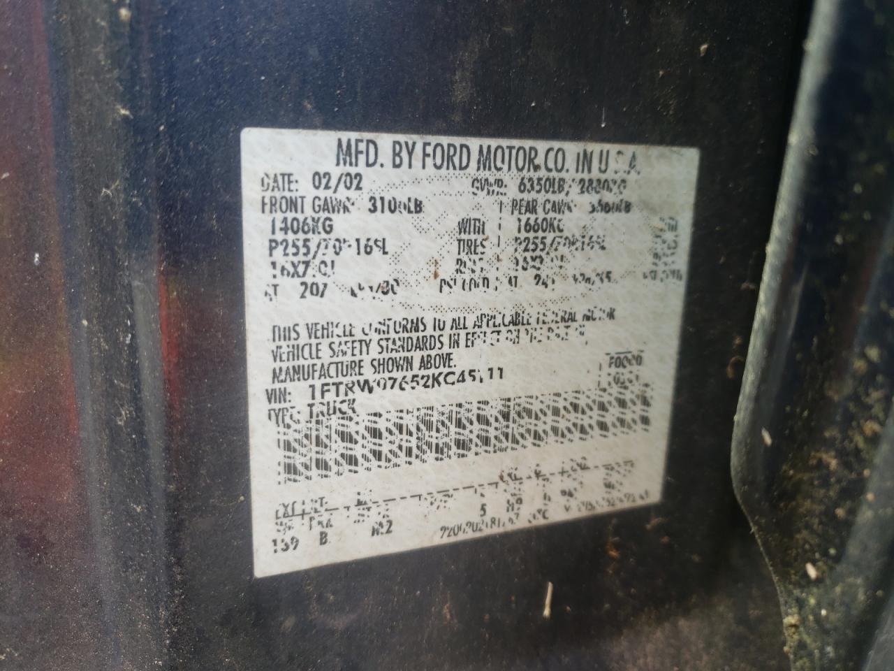 Photo 10 from auction – 2002 FORD F150 SUPER with VIN 1FTRW07652KC45111
