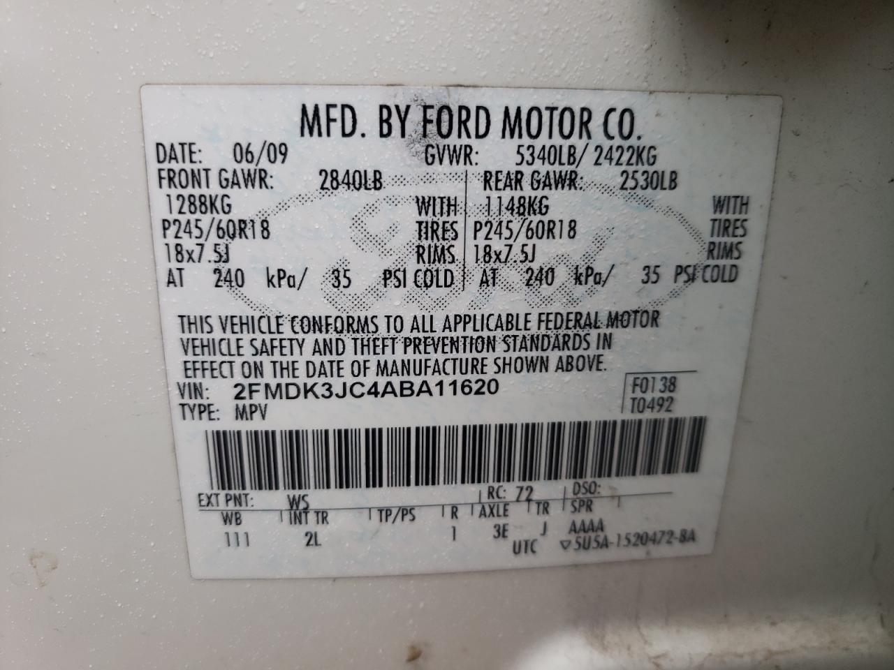 Photo 10 from auction – 2010 FORD EDGE SEL with VIN 2FMDK3JC4ABA11620