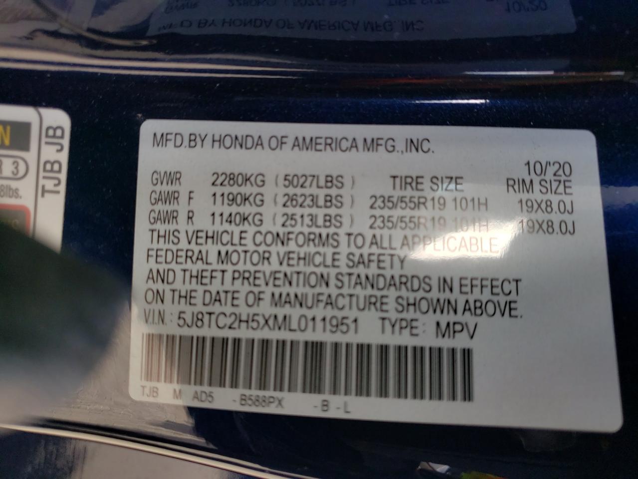 Photo 10 from auction – 2021 ACURA RDX TECHNO with VIN 5J8TC2H5XML011951