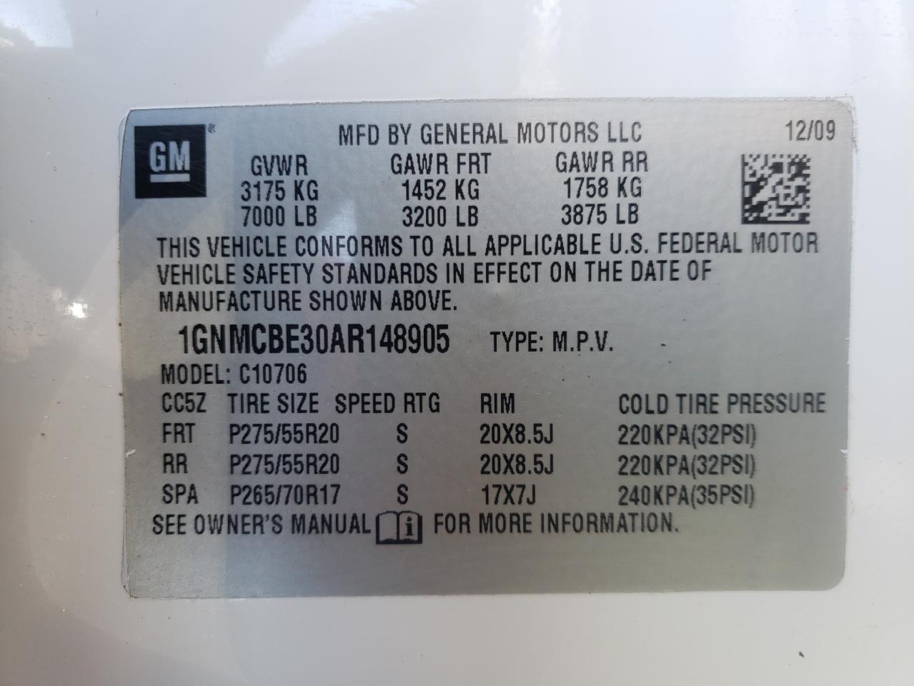 Photo 10 from auction – 2010 CHEVROLET TAHOE C150 with VIN 1GNMCBE30AR148905