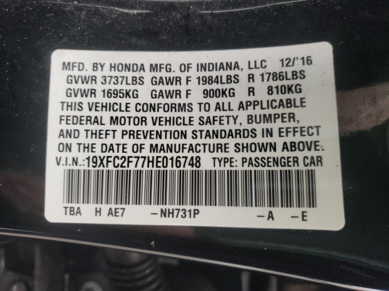 Photo 20 from auction – 2017 HONDA CIVIC EX with VIN 19XFC2F77HE016748