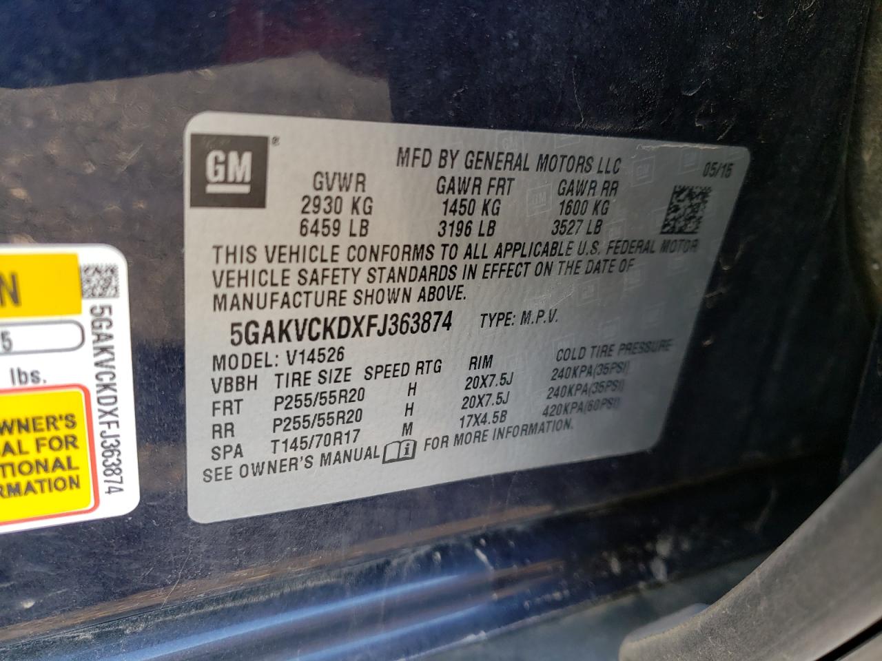 Photo 10 from auction – 2015 BUICK ENCLAVE with VIN 5GAKVCKDXFJ363874