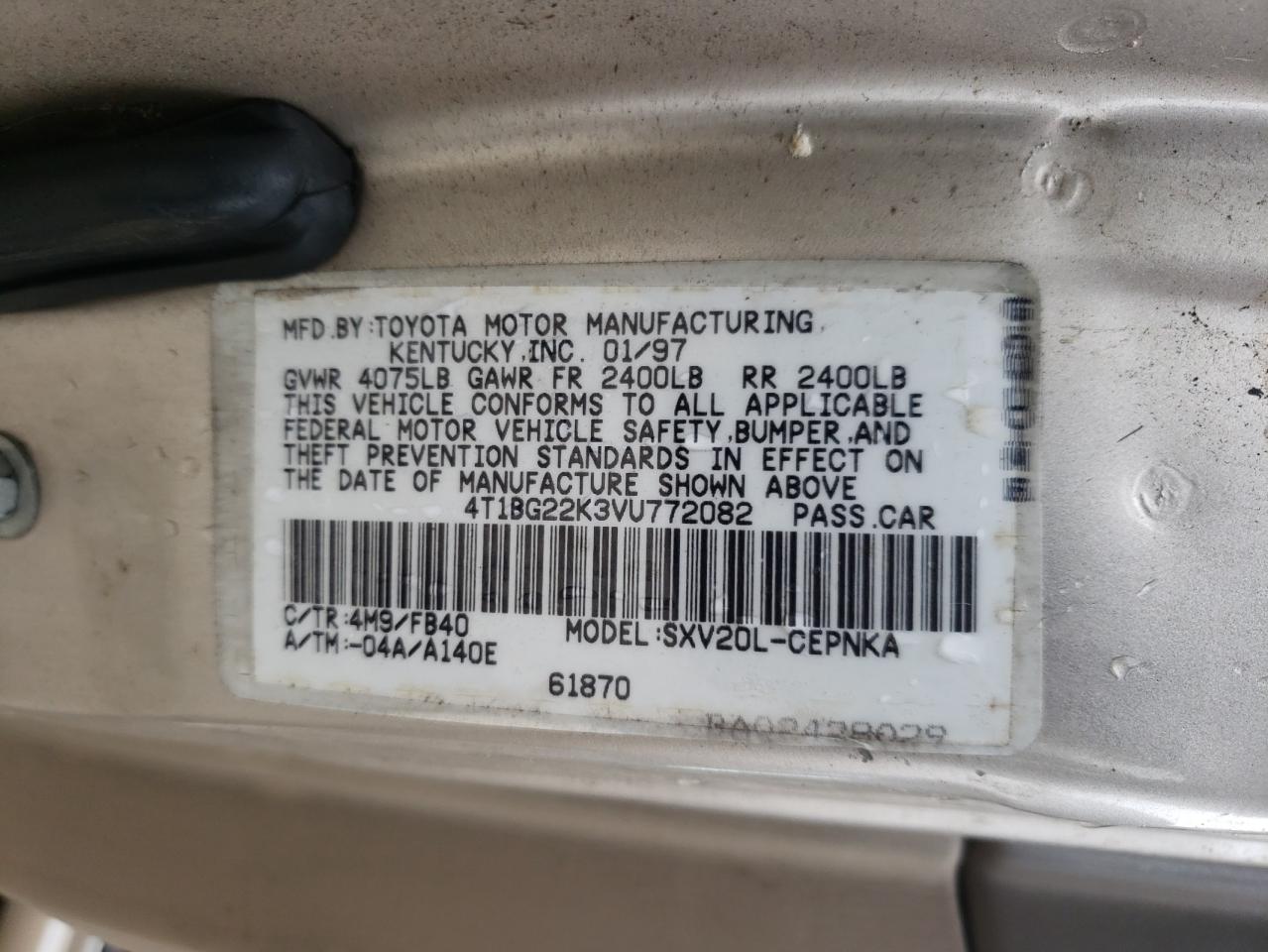 Photo 10 from auction – 1997 TOYOTA CAMRY CE with VIN 4T1BG22K3VU772082