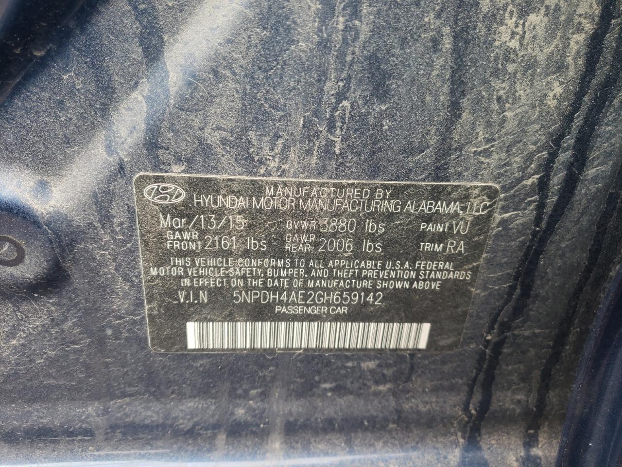 Photo 10 from auction – 2016 HYUNDAI ELANTRA SE with VIN 5NPDH4AE2GH659142