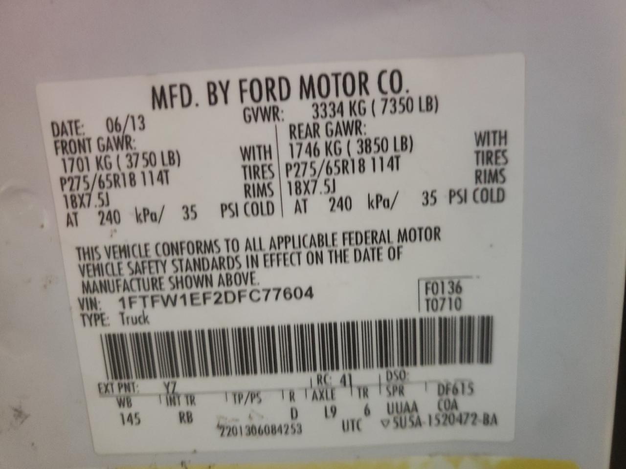 Photo 10 from auction – 2013 FORD F150 SUPER with VIN 1FTFW1EF2DFC77604