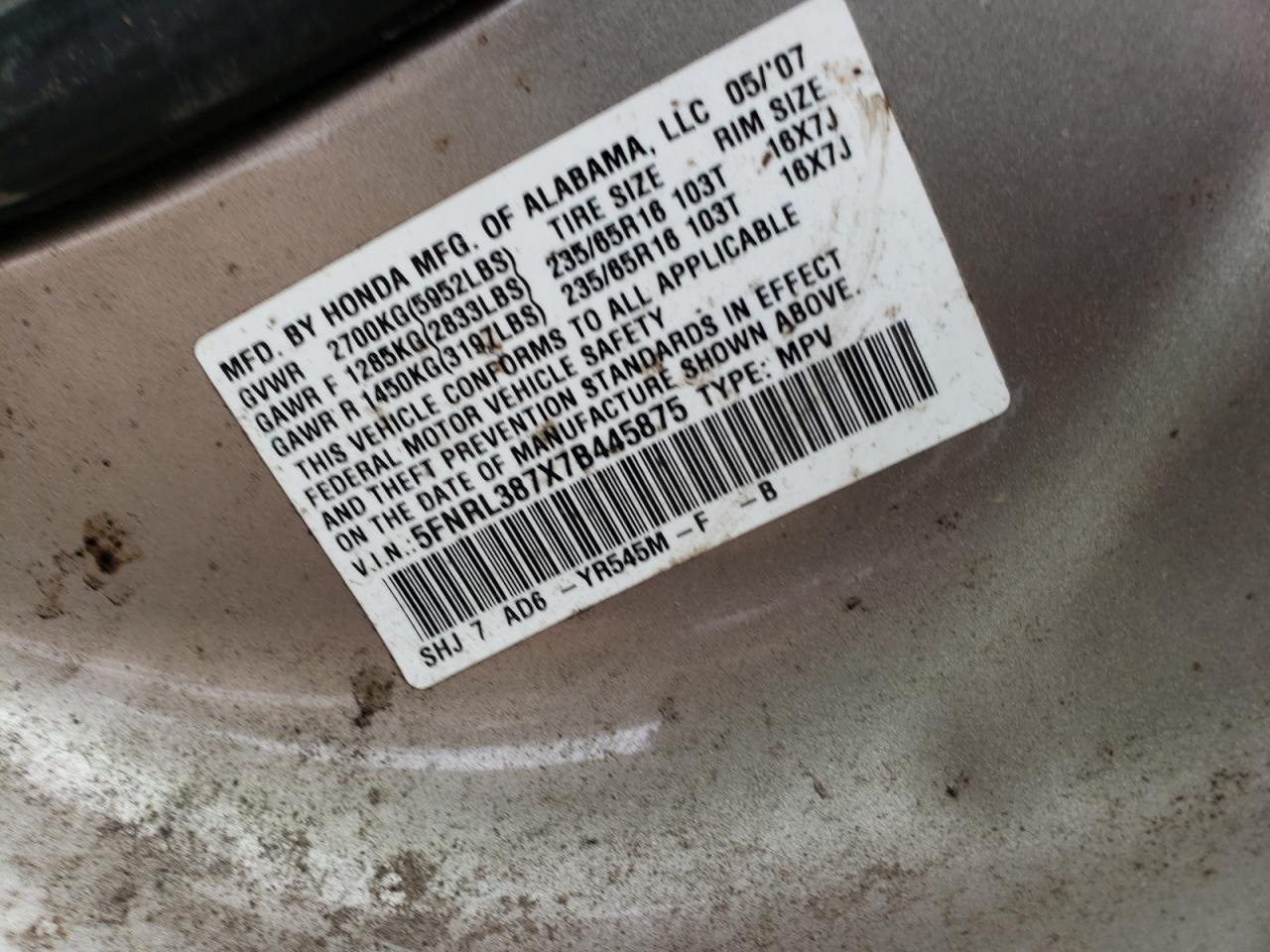 Photo 10 from auction – 2007 HONDA ODYSSEY EX with VIN 5FNRL387X7B445875