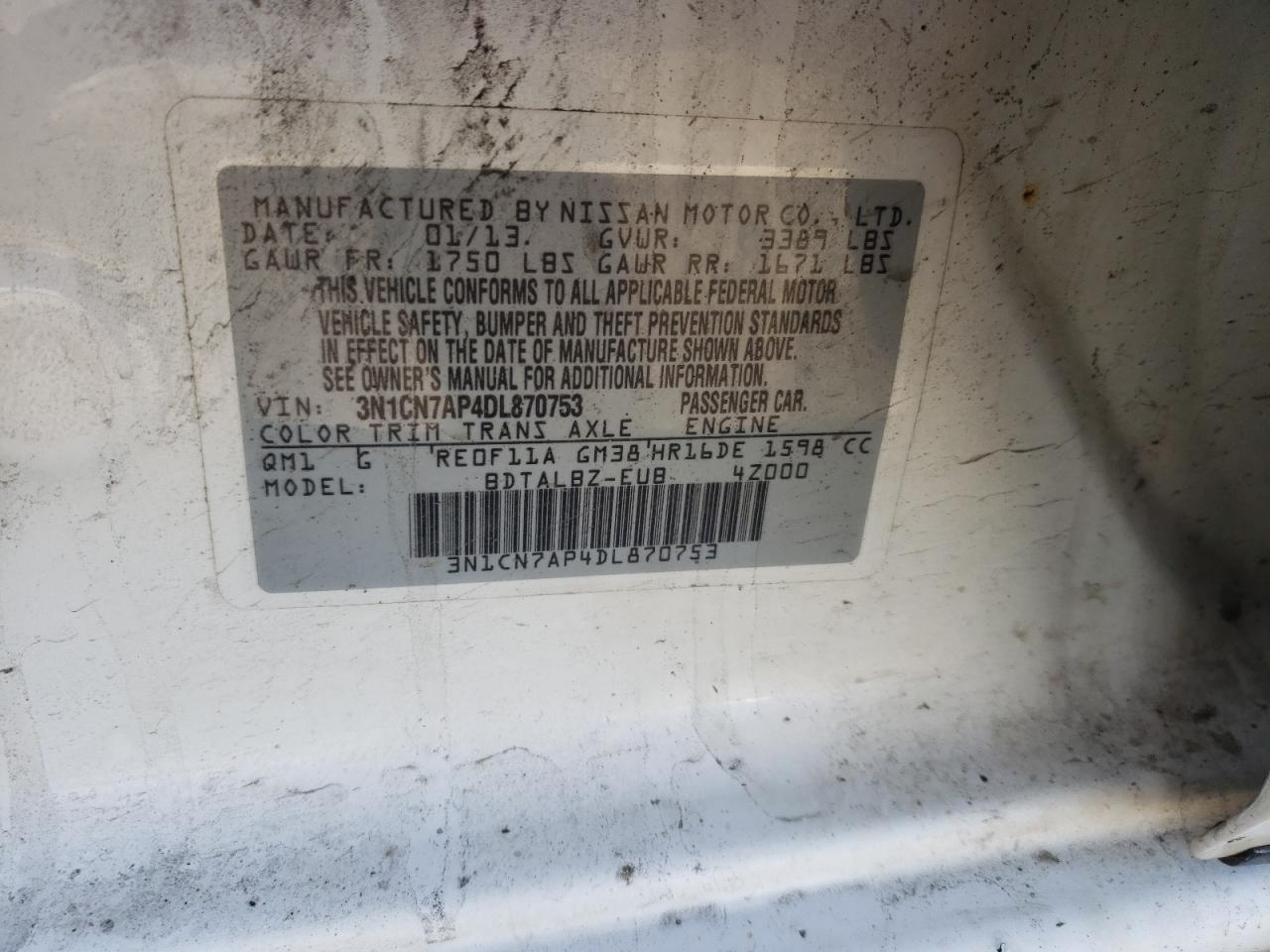 Photo 10 from auction – 2013 NISSAN VERSA S with VIN 3N1CN7AP4DL870753