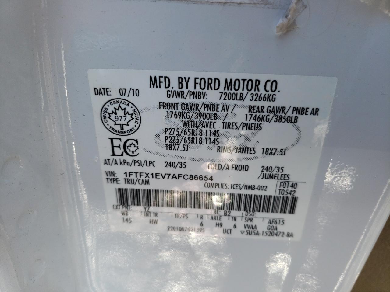 Photo 10 from auction – 2010 FORD F150 SUPER with VIN 1FTFX1EV7AFC86654