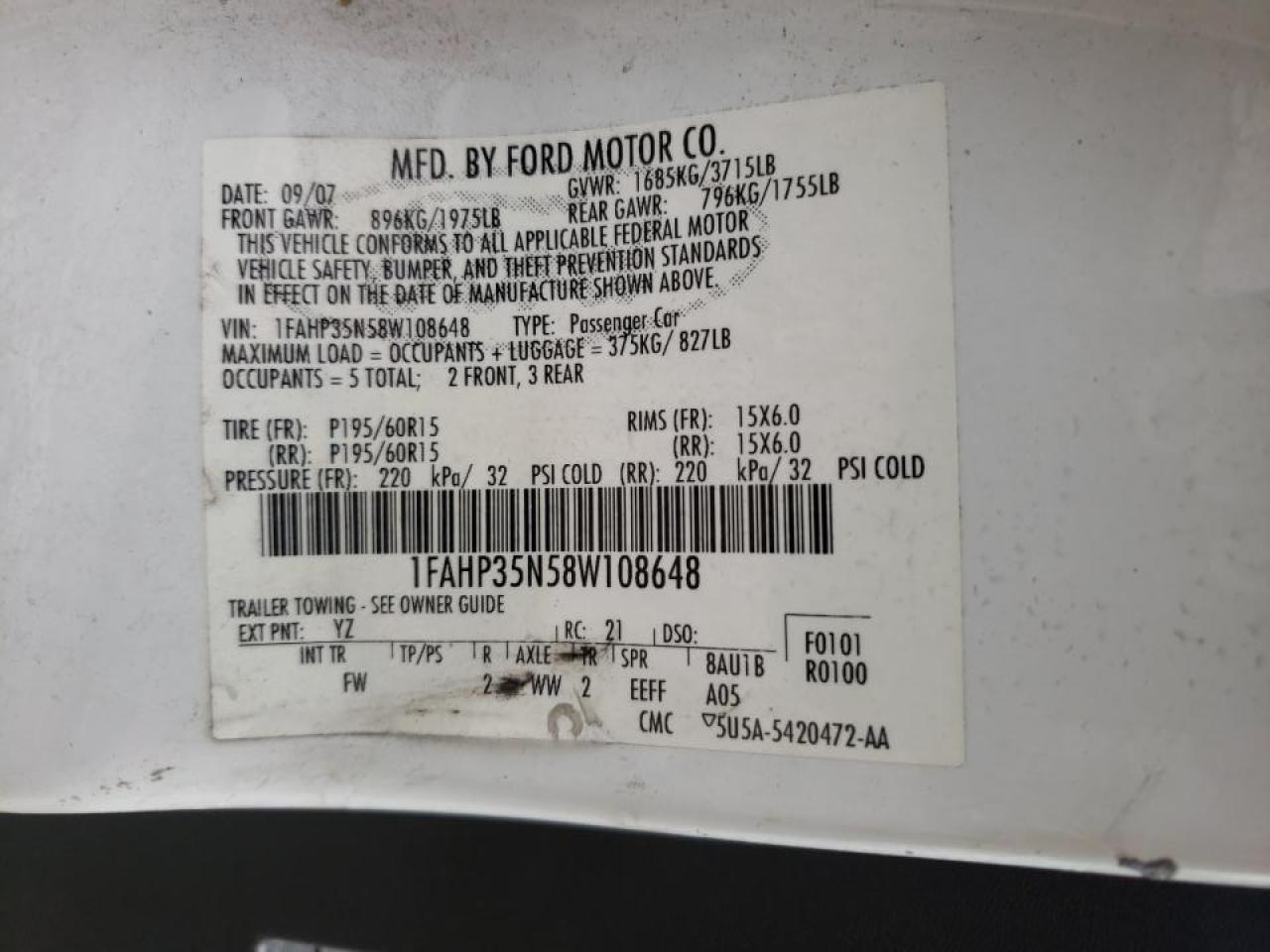 Photo 10 from auction – 2008 FORD FOCUS SE with VIN 1FAHP35N58W108648