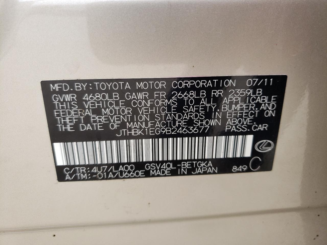 Photo 10 from auction – 2011 LEXUS ES 350 with VIN JTHBK1EG9B2463677