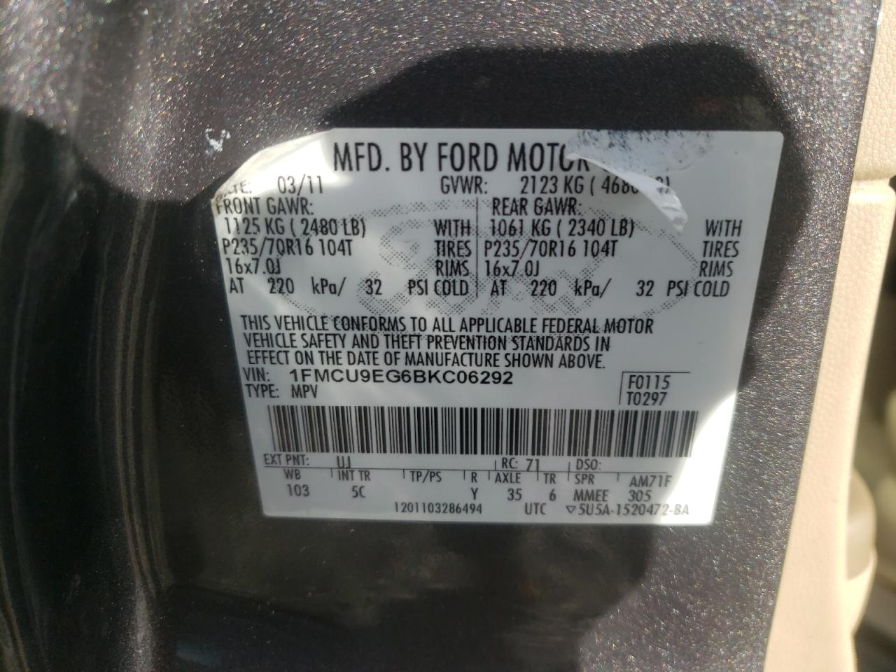 Zdjęcie 10 z aukcji – 2011 FORD ESCAPE LIM z VIN 1FMCU9EG6BKC06292