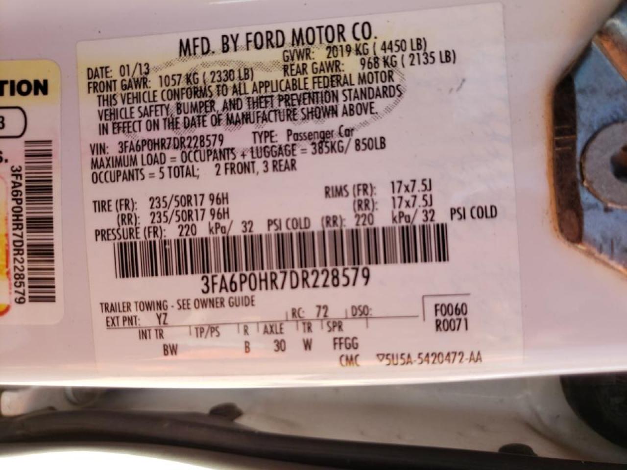 Photo 10 from auction – 2013 FORD FUSION SE with VIN 3FA6P0HR7DR228579