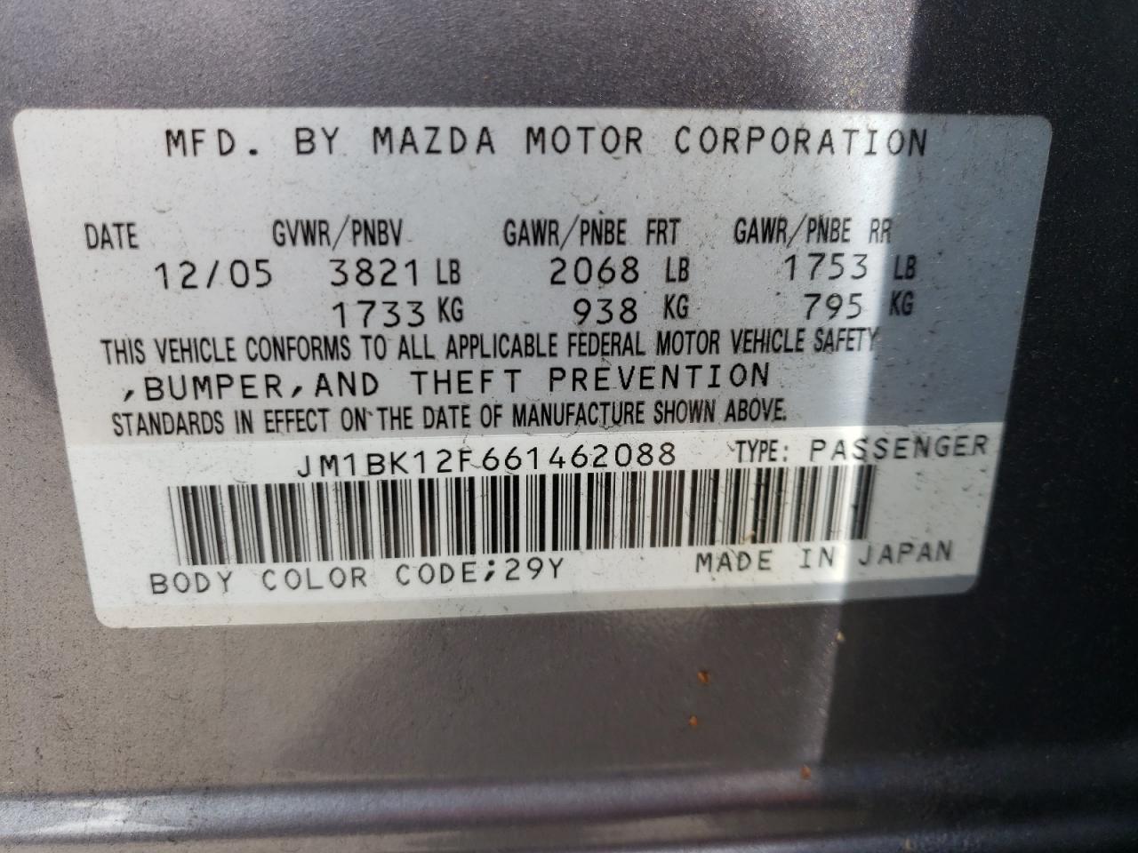 Zdjęcie 10 z aukcji – 2006 MAZDA 3 I z VIN JM1BK12F661462088