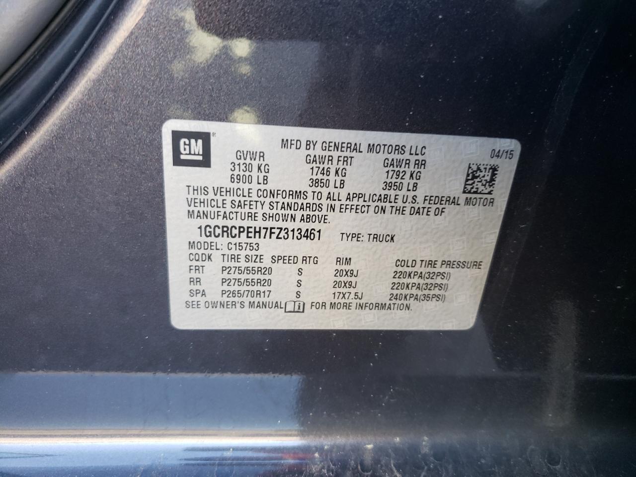 Photo 10 from auction – 2015 CHEVROLET SILVERADO with VIN 1GCRCPEH7FZ313461