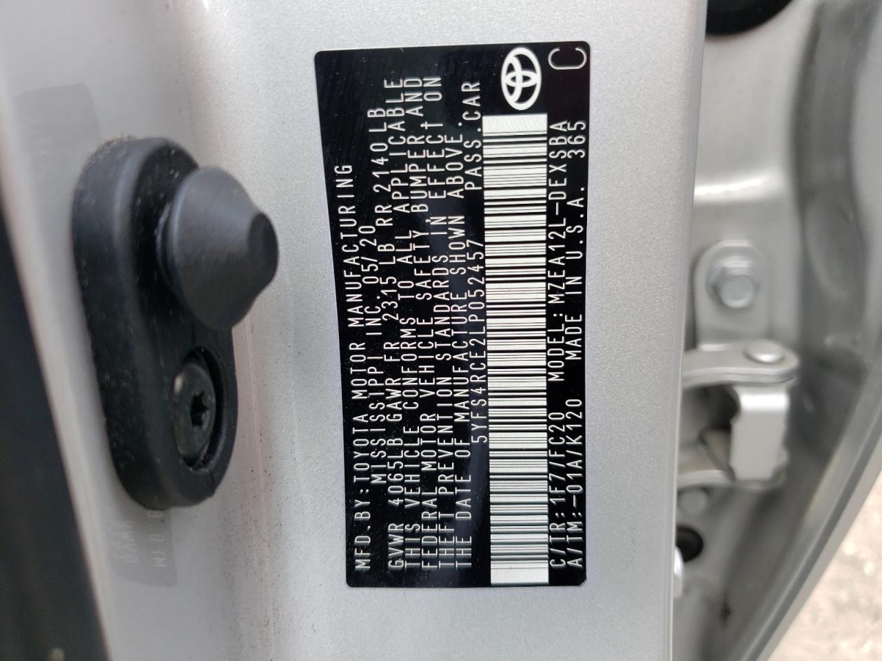 Photo 10 from auction – 2020 TOYOTA COROLLA SE with VIN 5YFS4RCE2LP052457