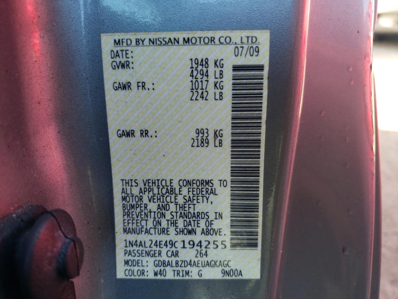 Photo 10 from auction – 2009 NISSAN ALTIMA 2.5 with VIN 1N4AL24E49C194255