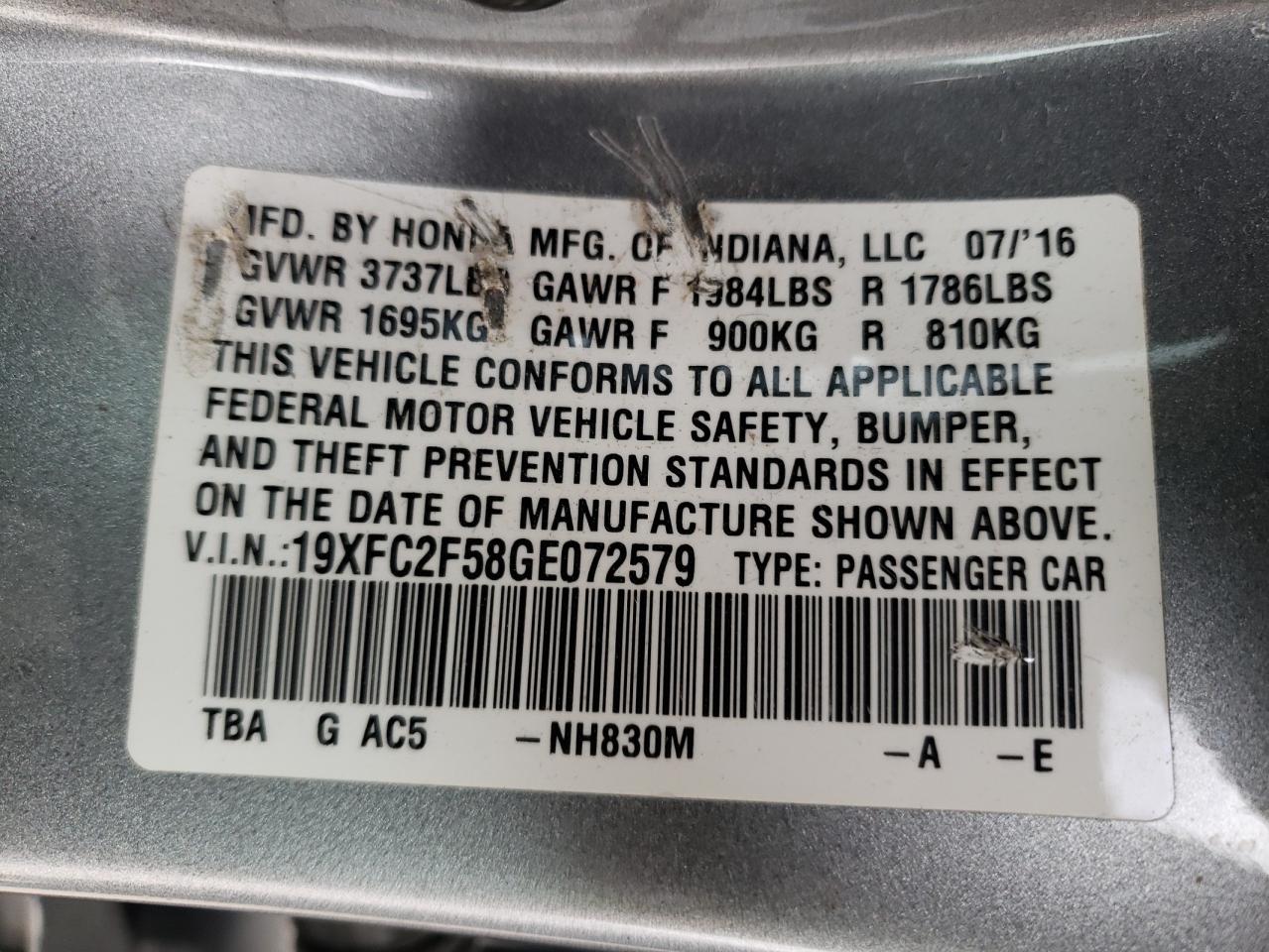 Photo 10 from auction – 2016 HONDA CIVIC LX with VIN 19XFC2F58GE072579