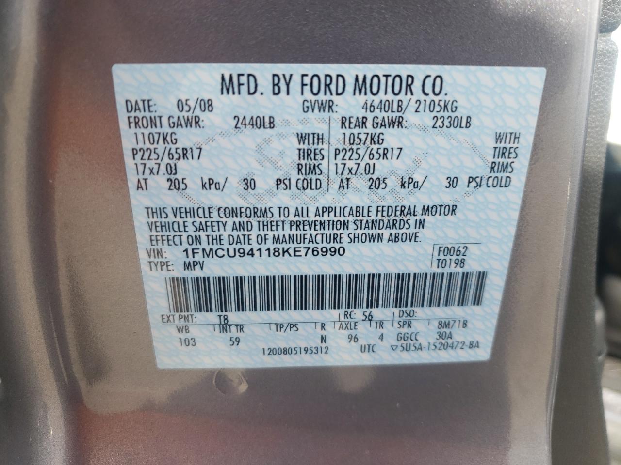 Photo 10 from auction – 2008 FORD ESCAPE LIM with VIN 1FMCU94118KE76990