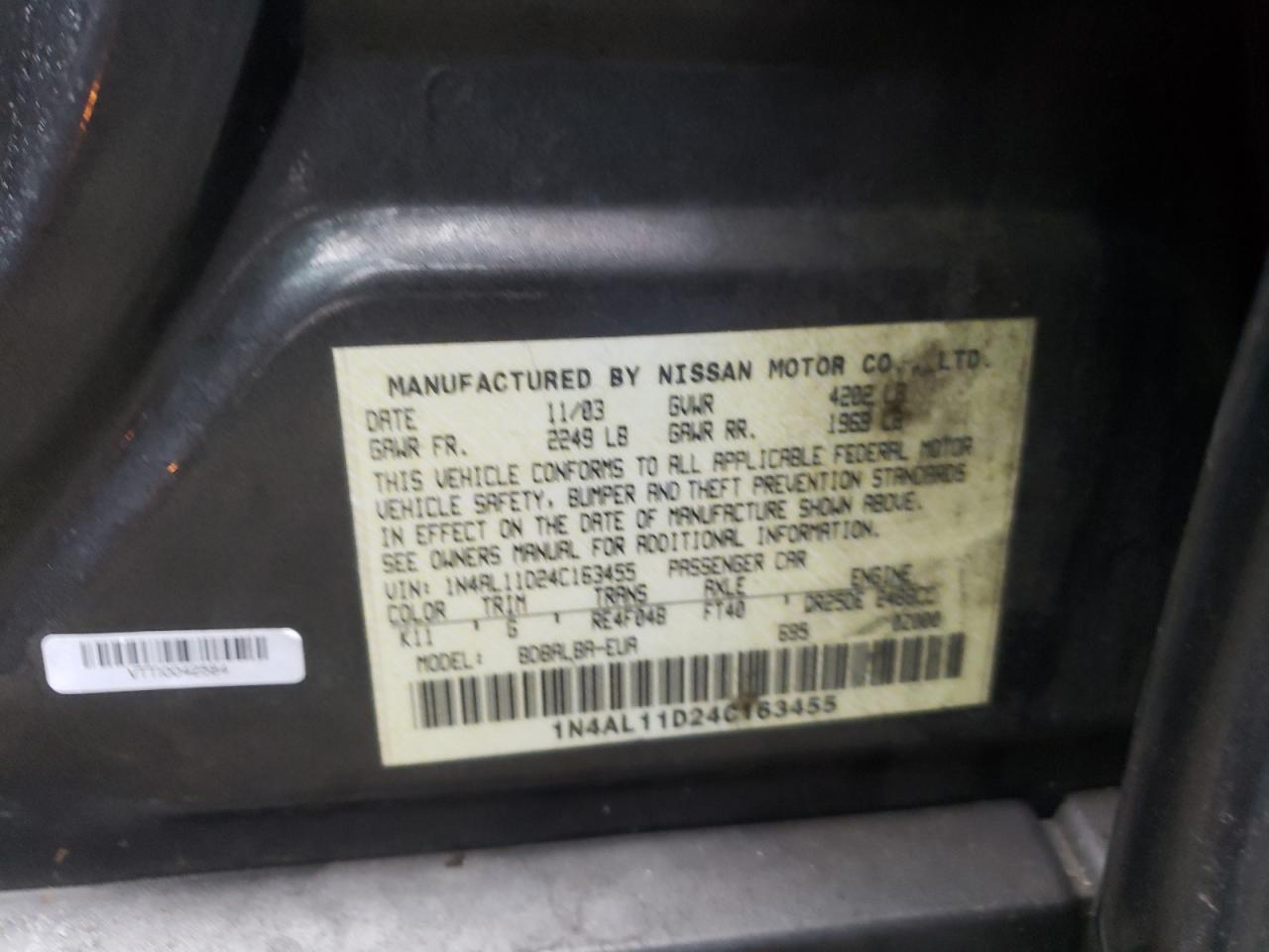 Photo 10 from auction – 2004 NISSAN ALTIMA BAS with VIN 1N4AL11D24C163455