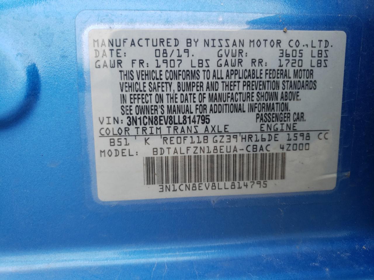 Photo 10 from auction – 2020 NISSAN VERSA SV with VIN 3N1CN8EV8LL814795