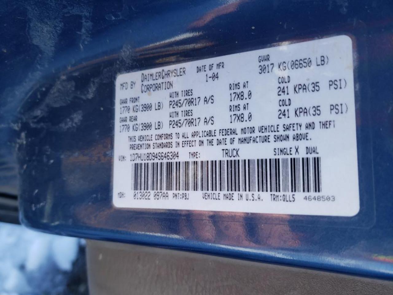 Photo 10 from auction – 2004 DODGE RAM 1500 S with VIN 1D7HU18D94S646304